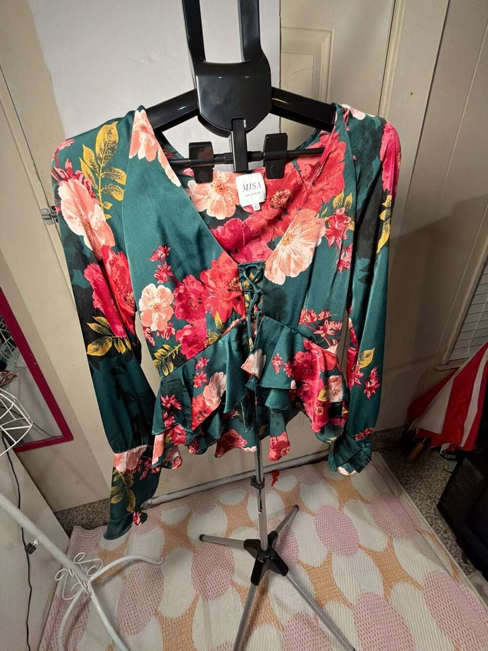 MISA Los Angeles Green and Pink Floral Print Ruffle Peplum Blouse